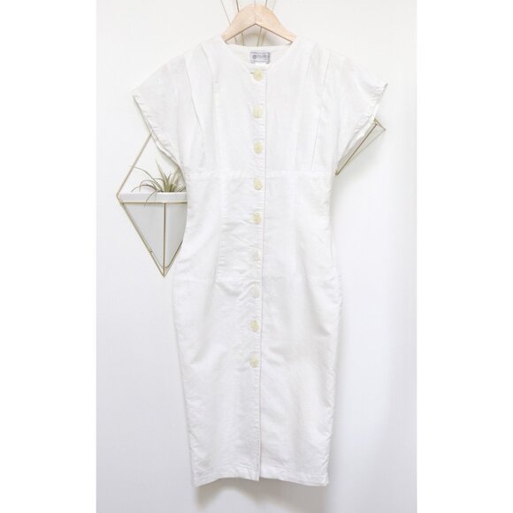 70s Milk White Sundress w/ Lemonade Swirled Buttons, Women's Small Short Sleeve - Picture 5 of 7